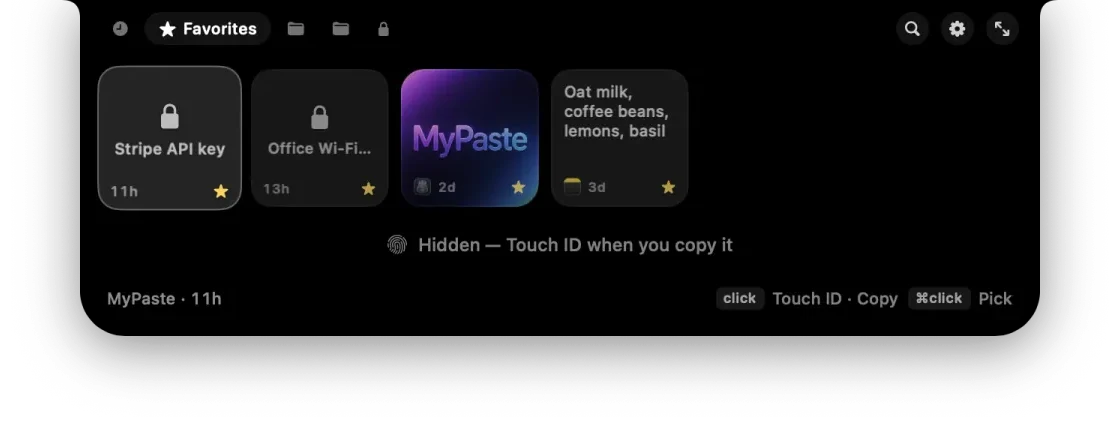 Favorites with a locked Stripe API key and Wi-Fi password, hidden until Touch ID