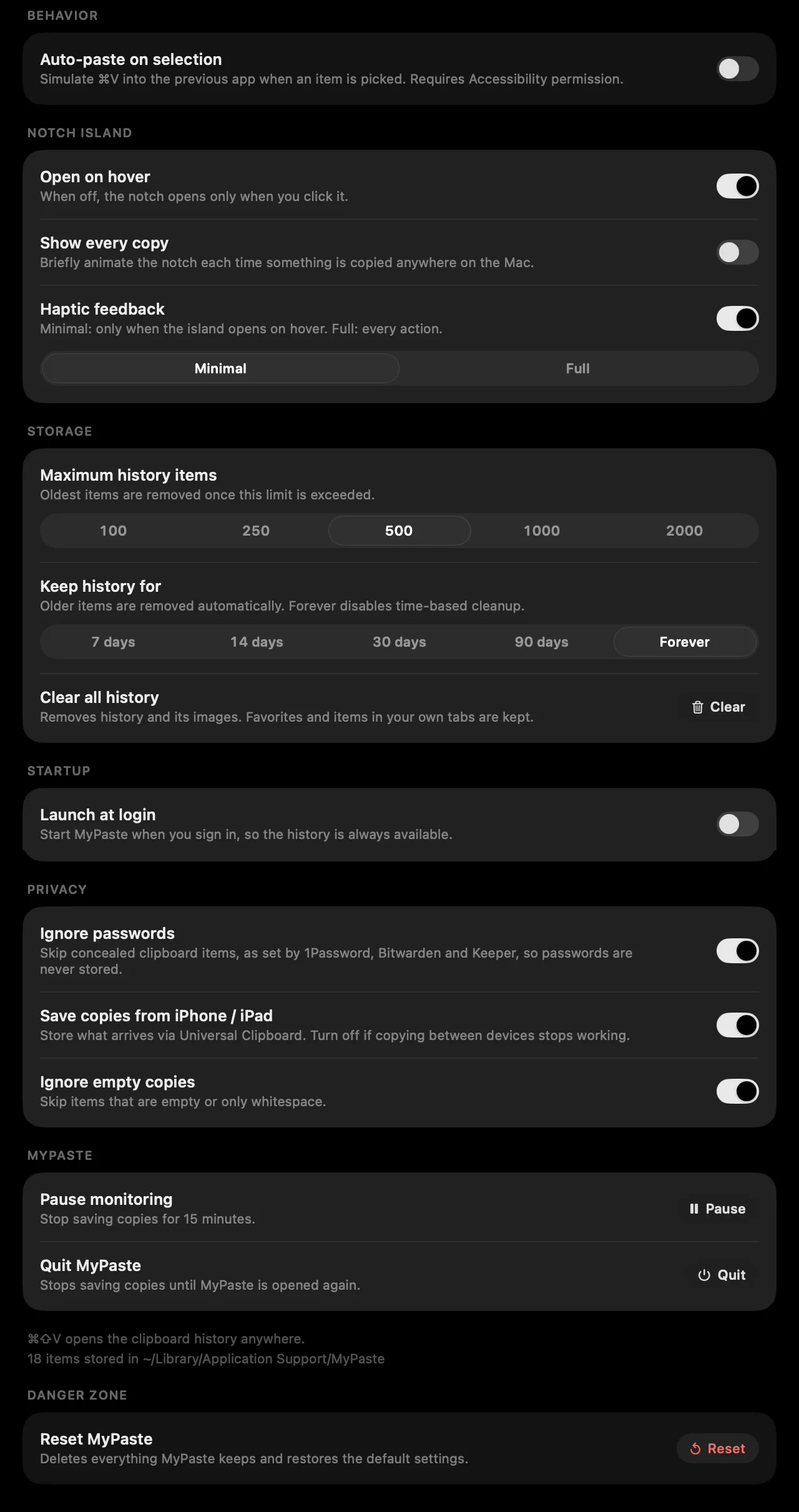 MyPaste settings: behavior, notch island, storage, startup, privacy, MyPaste and danger zone