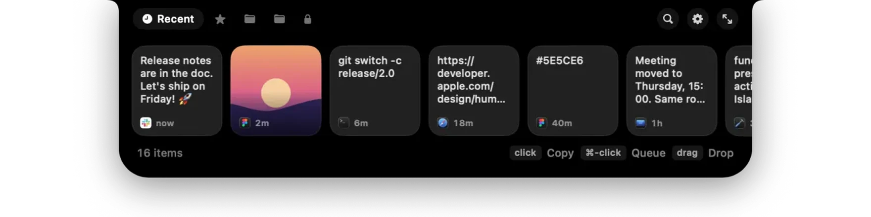 The MyPaste shelf open from the MacBook notch, with recent copies as cards